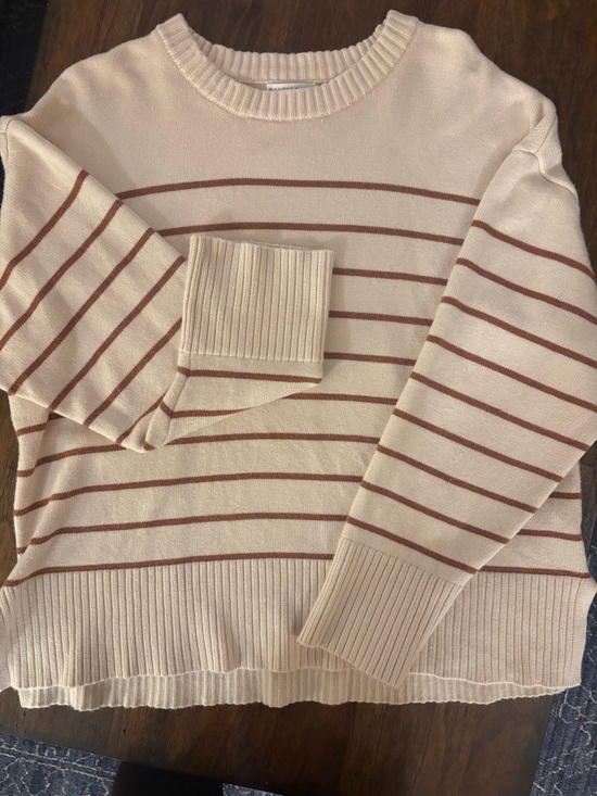 Baltic Born Sweaters - Baltic Born Striped Crewneck Sweater in Cream and Brown Size Large